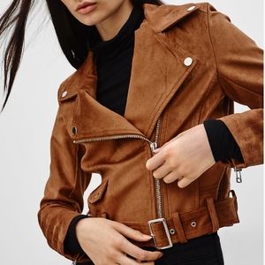 Camel suede crop jacket from Aritzia